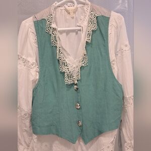 Teal Women's Button-Front Vest with Lace Trim
